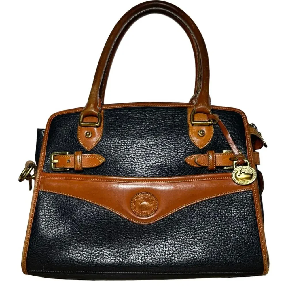 Vintage Dooney & Bourke Satchel All Weather Leather Pebble Brass Buckle Navy